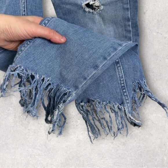 Free People Raw Hem Fringe High Rise Denim Blue Jeans Great Heights Size 27 Boho - Picture 8 of 14